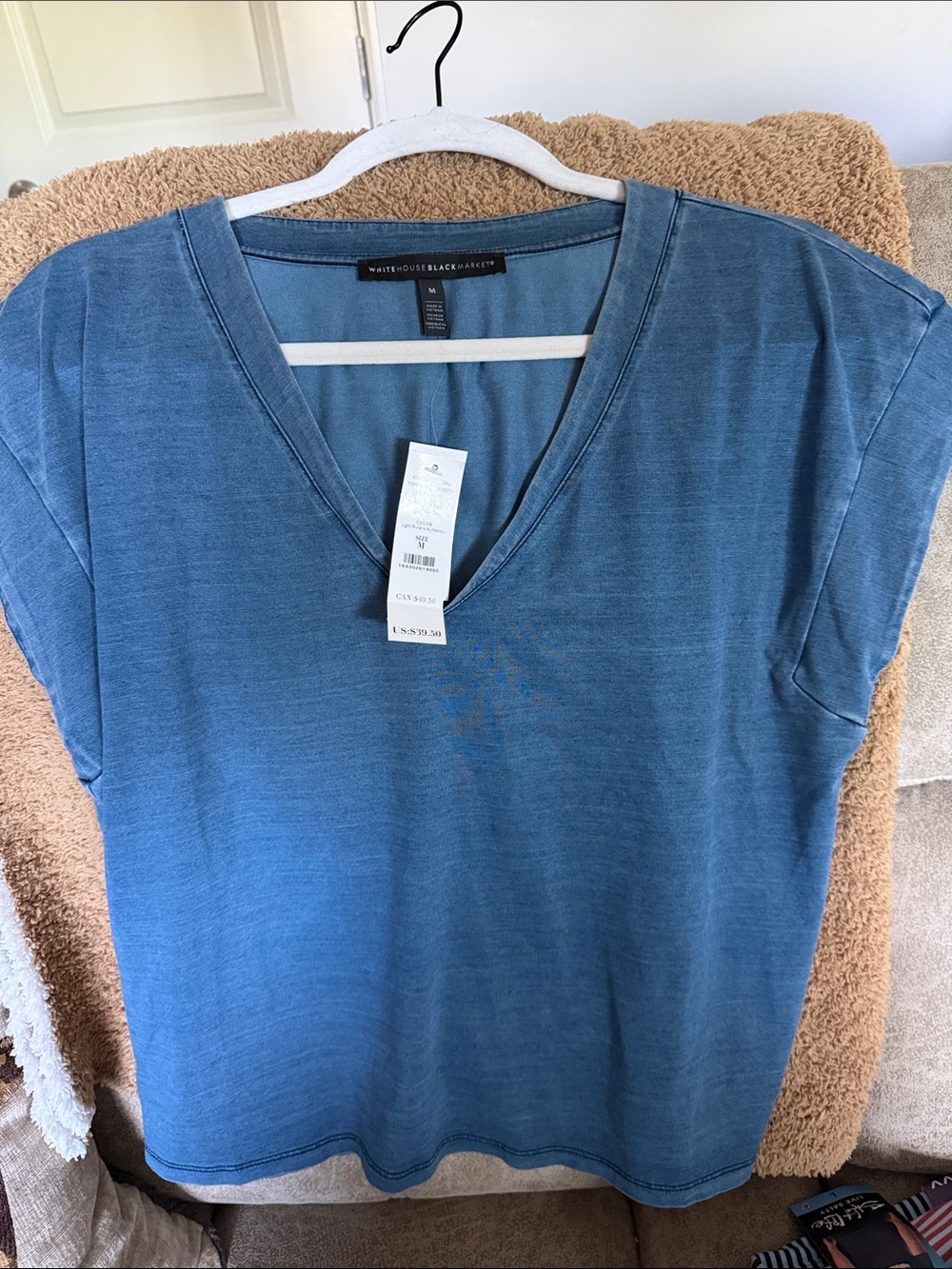 White House Black Market Dusty Blue V-Neck Cap Sleeve Tee